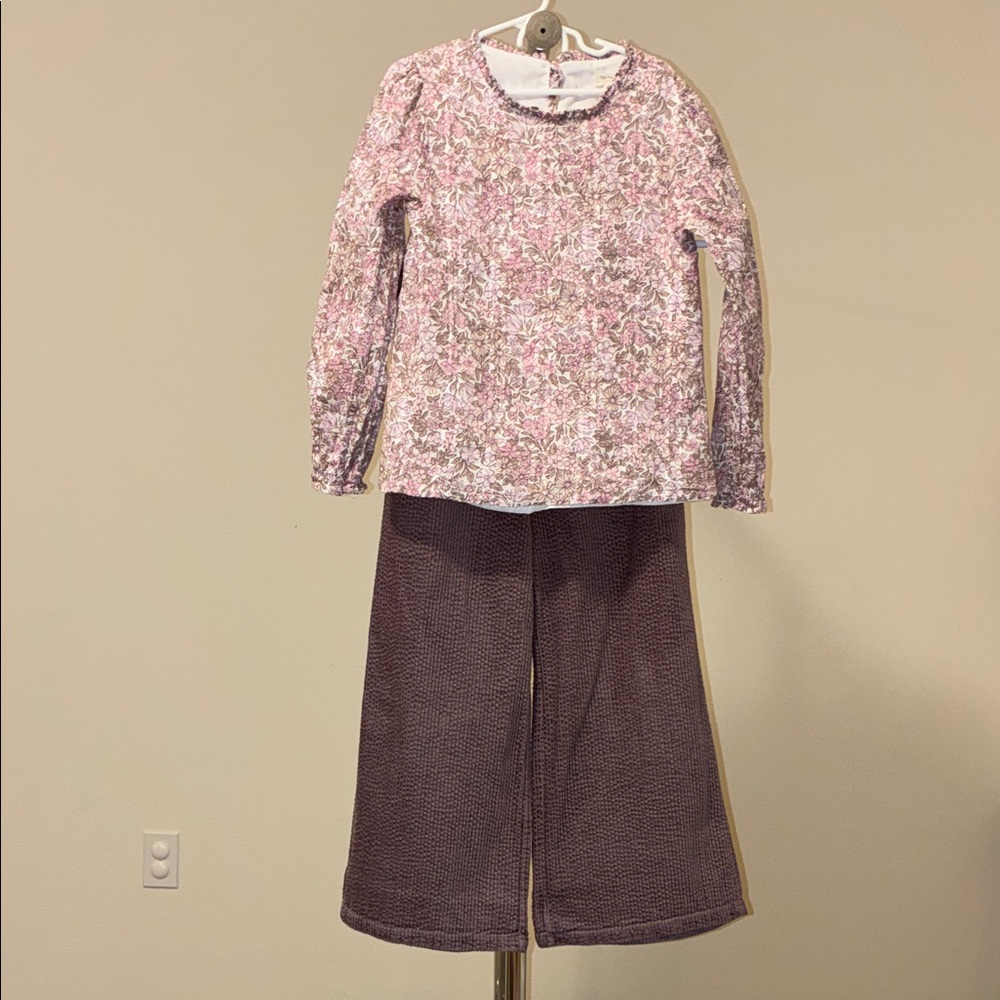 Happily Grey Girls’ 2 Piece Set w/ Floral Blouse & Corduroy Wide Leg Pant